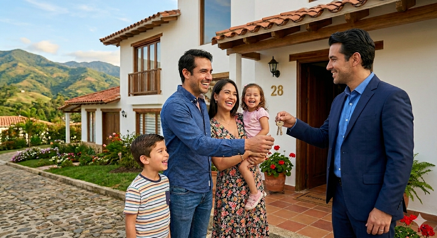 Familia recibiendo las llaves de una vivienda en Colombia
